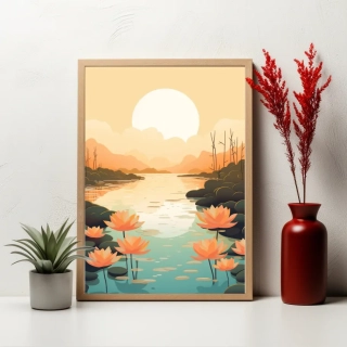 Plakát - Růžový západ nad řekou