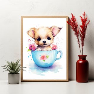 Plakát - Štěně v Kvetoucím Hrnečku