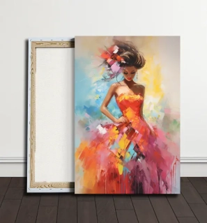 Obraz - Žena v růžových a oranžových šatech